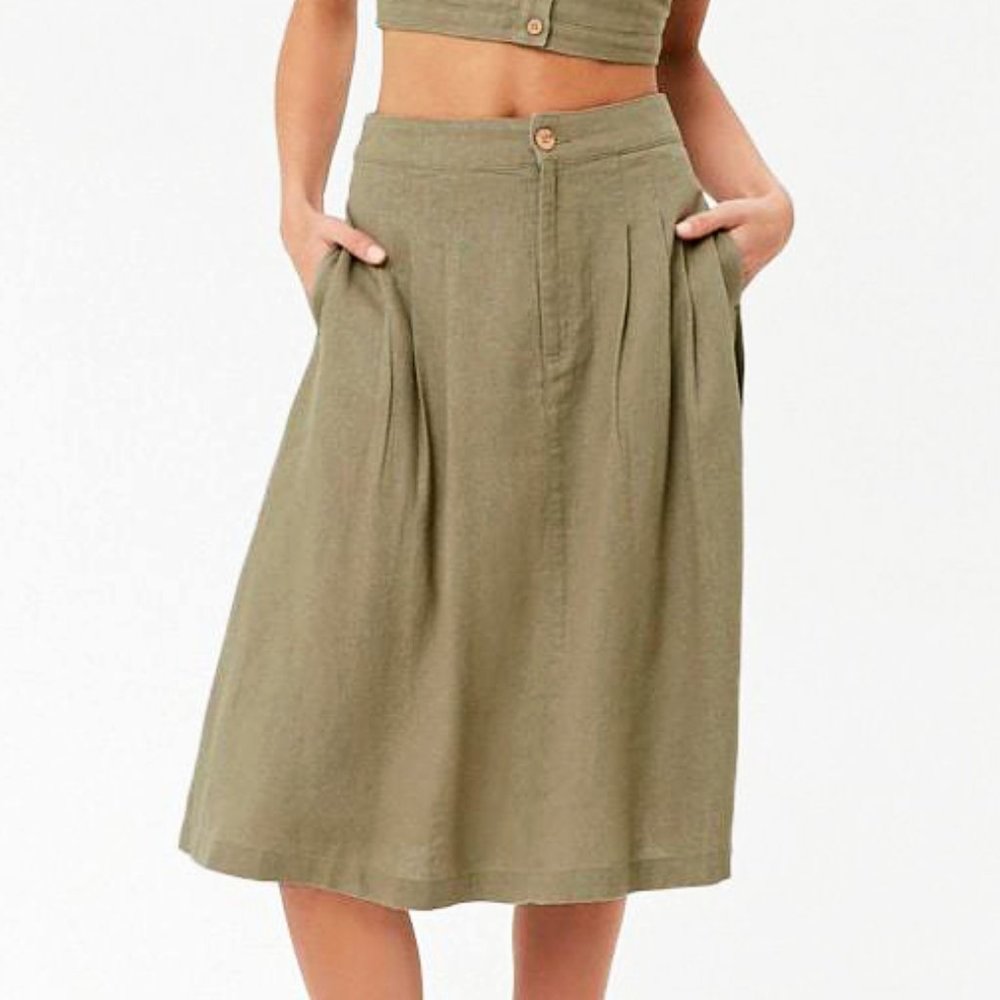 Light Olive Sage Linen Pleated A Line Midi Skirt - Picture 5 of 8